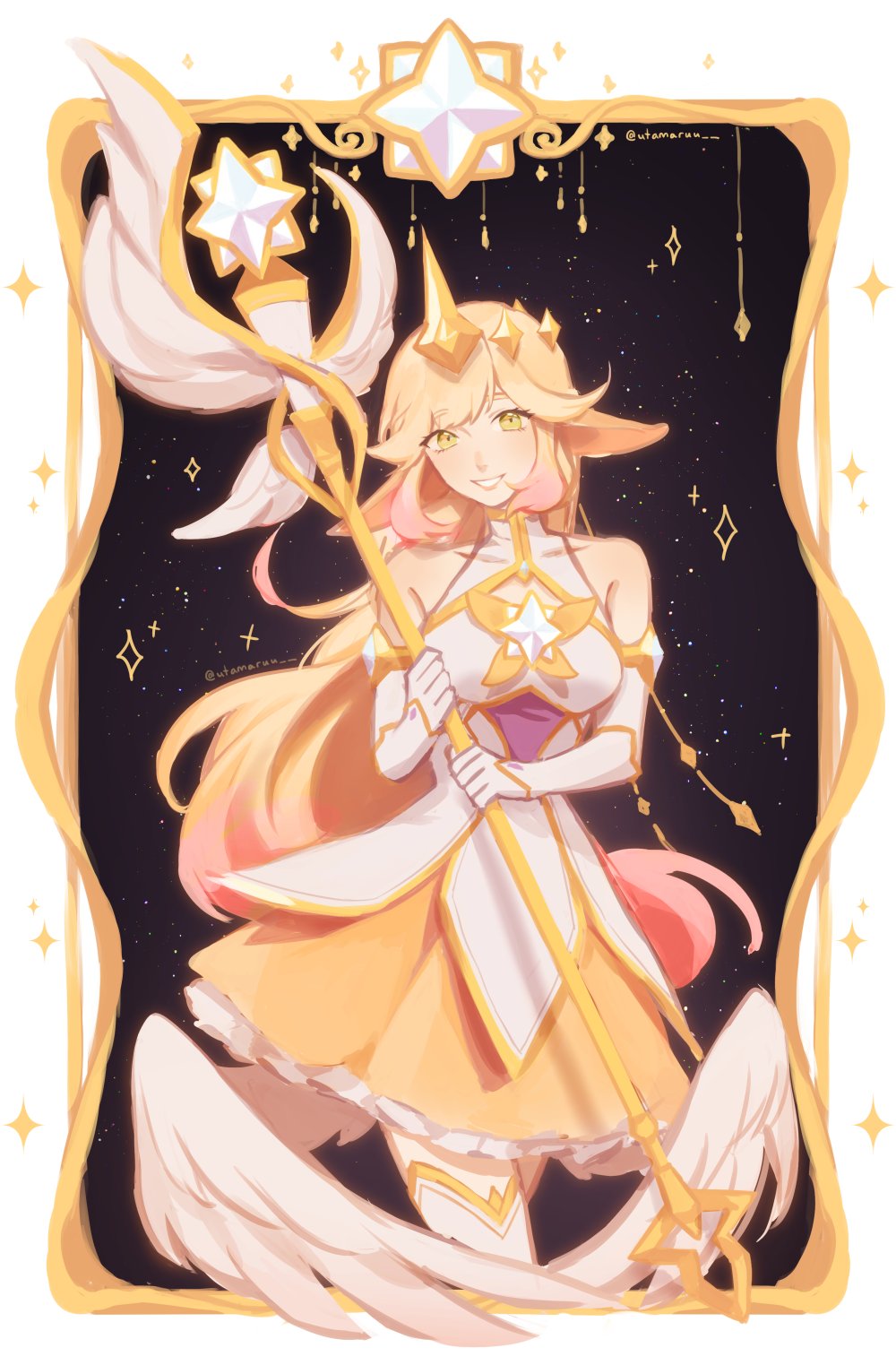 1girl bangs blonde_hair dress elbow_gloves english_commentary gloves highres horns league_of_legends long_hair multicolored_clothes multicolored_dress open_mouth single_horn smile solo soraka_(league_of_legends) staff star_guardian_(league_of_legends) teeth utamaruu white_dress white_gloves white_wings wings yellow_eyes