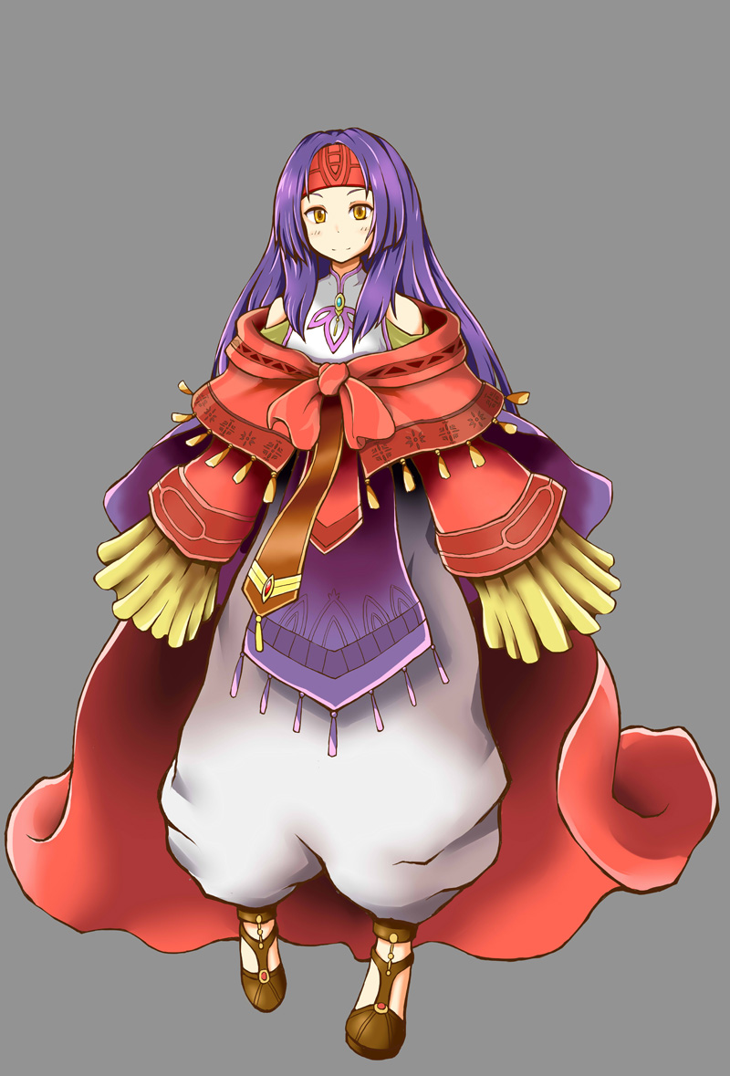 1girl bare_shoulders bow cape fire_emblem fire_emblem:_radiant_dawn full_body grey_background headband hekichino_toaru im008073 long_sleeves looking_at_viewer oversized_clothes purple_hair red_bow red_cape red_headband robe sanaki_kirsch_altina sleeves_past_fingers sleeves_past_wrists smile solo wide_sleeves yellow_eyes