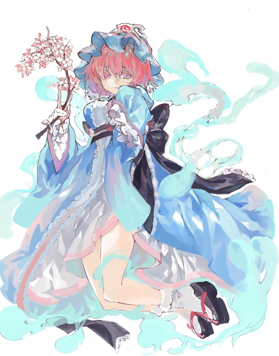 1girl back_bow bangs black_bow black_ribbon blue_headwear blue_kimono bobby_socks bow branch cherry_blossoms closed_mouth commentary_request frilled_kimono frilled_sleeves frills full_body ghost hair_between_eyes hat holding holding_branch japanese_clothes kimono konabetate legs long_sleeves looking_at_viewer medium_hair mob_cap pink_eyes pink_hair ribbon saigyouji_yuyuko sandals simple_background sleeves_past_fingers sleeves_past_wrists socks solo touhou triangular_headpiece underbust white_background white_socks wide_sleeves