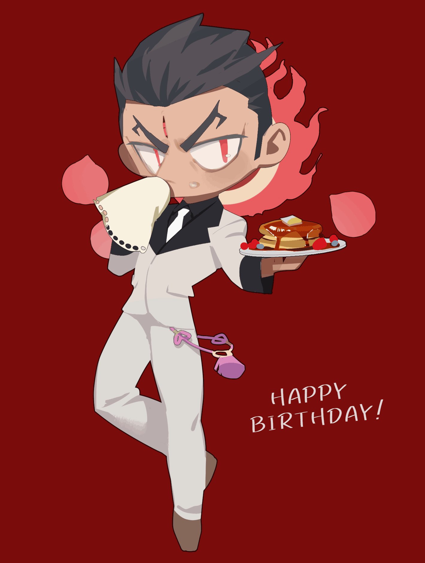 1boy aizen_(housamo) black_hair deformed english_text facial_mark food forehead_mark formal full_body gift_art halo handkerchief happy_birthday highres male_focus pancake pants red_background red_eyes sideburns solo suit tassel tokyo_afterschool_summoners tyou white_pants white_suit wiping_mouth
