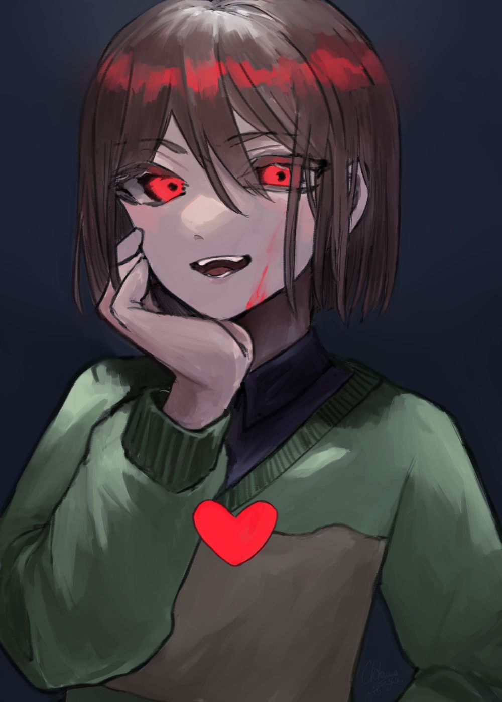 1other bangs blood blood_on_face brown_hair chara_(undertale) chikuwaseijin collared_shirt evil_smile hand_on_own_cheek hand_on_own_face highres long_sleeves open_mouth red_eyes shirt short_hair smile solo striped striped_sweater sweater undertale v-shaped_eyebrows