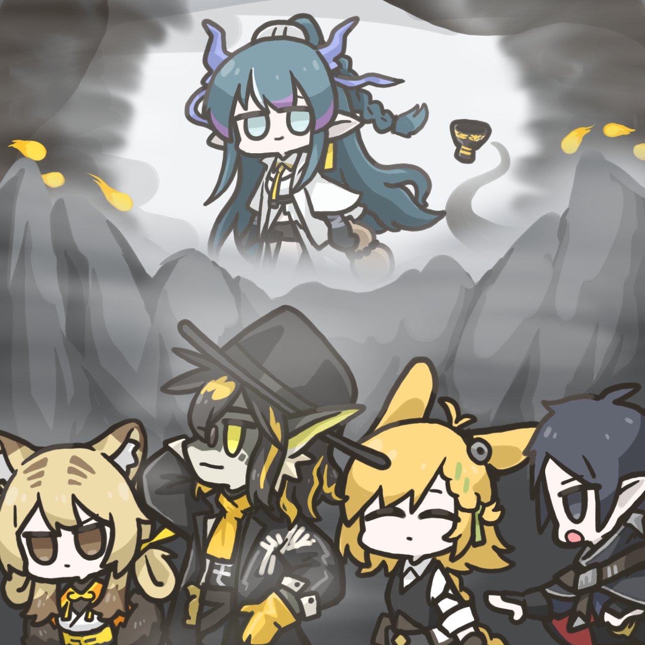 2boys 3girls animal_ears arknights bangs black_hair black_headwear black_vest blonde_hair braid chalice chibi closed_eyes coat collared_shirt commentary_request cowboy_shot dress du_yaoye_(arknights) fedora feet_out_of_frame gloves hat highres kroos_(arknights) kroos_the_keen_glint_(arknights) lee_(arknights) ling_(arknights) long_hair long_sleeves multiple_boys multiple_girls open_clothes open_mouth rabbit_ears rihi_ewokakune shirt standing tiger_ears tiger_girl vest white_shirt yellow_eyes yellow_gloves zuo_le