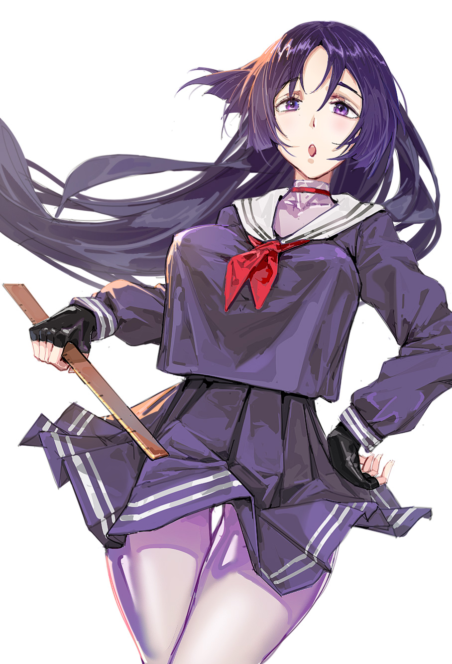 1girl bangs breasts choker cowboy_shot fate/grand_order fate_(series) fingerless_gloves gloves highres large_breasts long_hair long_sleeves minamoto_no_raikou_(fate) neckerchief parted_bangs pleated_skirt purple_hair purple_serafuku purple_skirt red_neckerchief ruler school_uniform serafuku simple_background skirt solo violet_eyes white_background zuihou_de_miao_pa_si