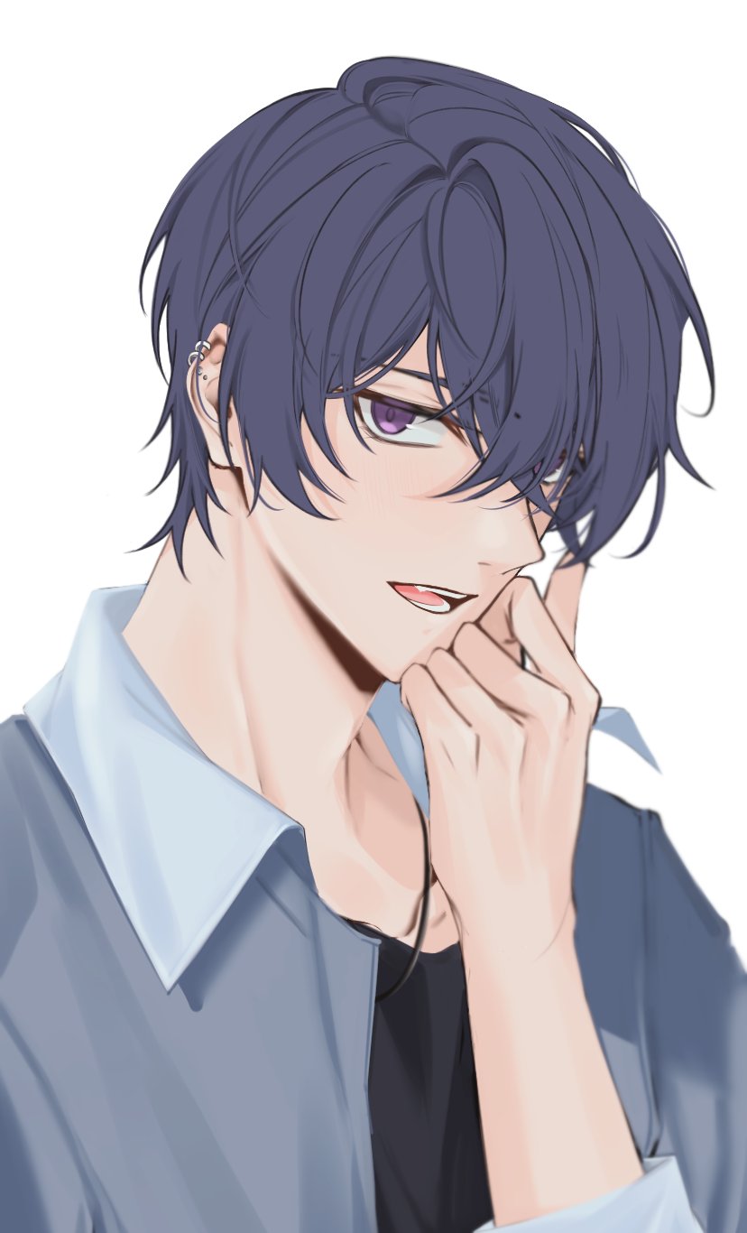 1boy bangs black_shirt blue_jacket earrings highres jacket jewelry looking_at_viewer marius_von_hagen_(tears_of_themis) mays20621 necklace open_mouth purple_hair shirt short_hair simple_background solo tears_of_themis teeth violet_eyes white_background