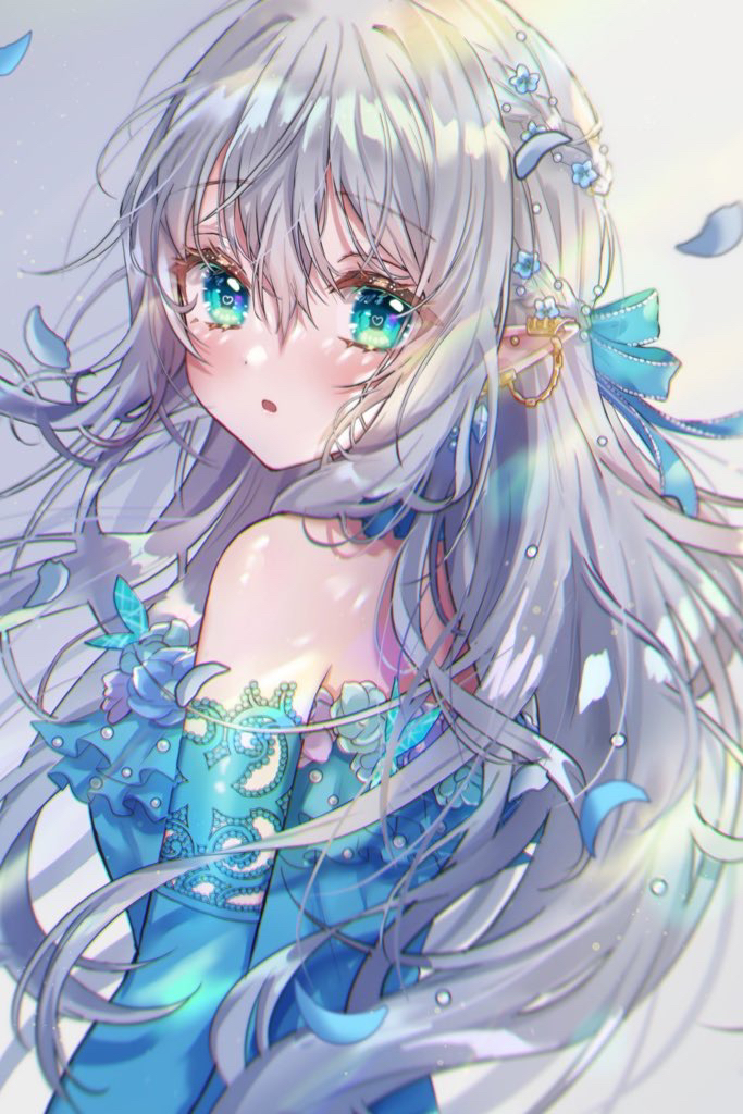 1girl :o backlighting bangs bare_shoulders blue_dress blue_eyes blue_flower blue_ribbon blue_sleeves blush commentary detached_sleeves dress ear_piercing earclip earrings eyelashes falling_petals floating_hair flower frilled_dress frills grey_background grey_hair hair_between_eyes hair_flower hair_ornament hair_ribbon heart heart-shaped_pupils jewelry light_particles light_rays long_hair long_sleeves looking_at_viewer looking_back open_mouth original parted_lips petals piercing pointy_ears ribbon shinzousan sidelocks simple_background solo strapless strapless_dress symbol-shaped_pupils upper_body