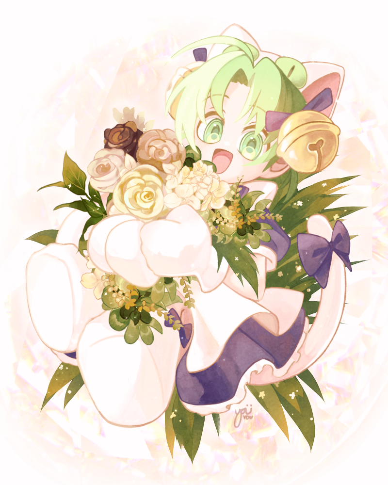 1girl :d animal_hands animal_hat bangs bell bow cat_hat cat_tail dejiko di_gi_charat dress flower frilled_dress frills gloves green_eyes green_hair hair_bell hair_ornament hair_ribbon hat holding holding_flower looking_at_viewer open_mouth parted_bangs paw_gloves paw_shoes puffy_short_sleeves puffy_sleeves ribbon rose saik_you short_hair short_sleeves smile solo tail tail_bow tail_ornament