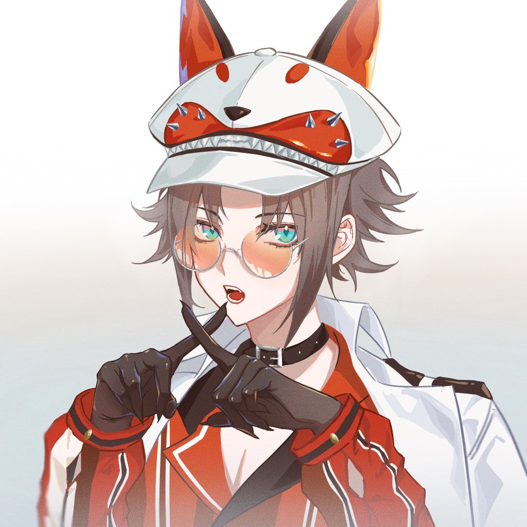 1boy animal_ears arms_up bangs black_collar black_gloves blue_eyes brown_hair coat coat_on_shoulders collar collared_shirt commentary eyelashes fangs fox_ears fox_hat glasses gloves hat long_sleeves looking_at_viewer male_focus mysta_rias nijisanji nijisanji_en open_clothes open_coat open_collar open_mouth orange-tinted_eyewear orange_shirt parted_bangs puffy_long_sleeves puffy_sleeves round_eyewear round_teeth shirt short_hair sidelocks solo spikes striped striped_shirt teeth tinted_eyewear upper_body virtual_youtuber white_background white_coat white_headwear x_fingers yee_(yee45913139)