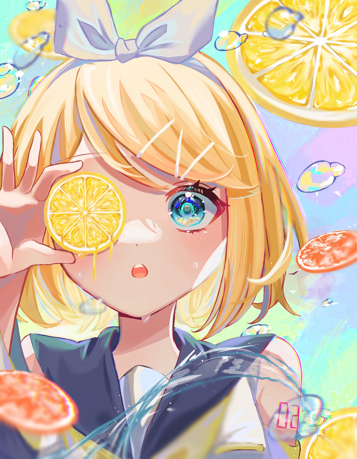 1girl :o air_bubble aqua_eyes bangs blonde_hair bow bubble food fruit hair_bow hair_ornament hairclip highres holding holding_food kagamine_rin lemon lemon_slice looking_at_viewer multicolored_background nemudayo one_eye_covered orange_(fruit) orange_slice parted_lips sailor_collar short_hair solo swept_bangs teeth upper_body upper_teeth vocaloid water water_drop white_bow white_hair