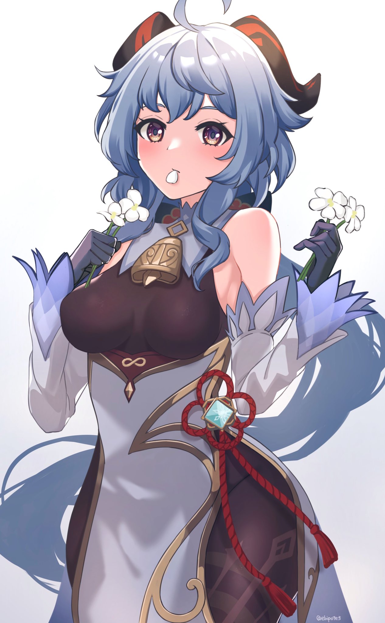 1girl ahoge bangs bare_shoulders bell black_pantyhose blue_gloves blue_hair blush breasts chinese_knot detached_sleeves eating_flower ebipote3 flower flower_knot ganyu_(genshin_impact) genshin_impact gloves gold_trim highres holding holding_flower horns long_hair looking_at_viewer medium_breasts multicolored_eyes neck_bell pantyhose petals_in_mouth sidelocks solo tassel thighlet vision_(genshin_impact) white_flower white_sleeves