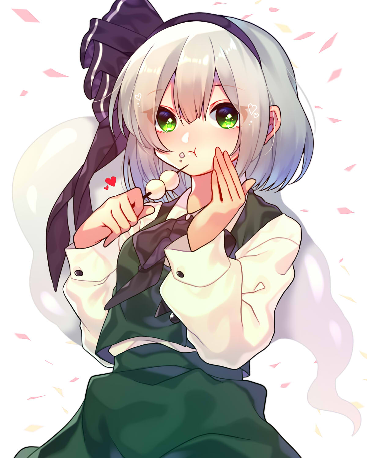 1girl :t black_bow black_bowtie black_hairband blue_eyes bob_cut bow bowtie breasts buttons cherry_blossoms cowboy_shot dango eating eyes_visible_through_hair food food_on_face green_eyes green_skirt green_vest grey_hair hair_between_eyes hairband hand_on_own_cheek hand_on_own_face heart highres holding holding_skewer konpaku_youmu konpaku_youmu_(ghost) long_sleeves looking_at_viewer renka_(sutegoma25) short_hair skewer skirt skirt_set small_breasts solo touhou tsukimi_dango vest wagashi white_background