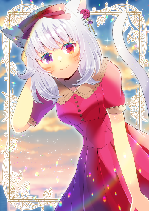 1girl animal_ears arm_behind_head arm_up blush bow breasts cat_ears cat_girl cat_tail closed_mouth collared_dress commentary_request commission dress facial_mark final_fantasy final_fantasy_xiv grey_hair hair_bow heterochromia kou_hiyoyo long_hair looking_at_viewer medium_breasts miqo'te pleated_dress puffy_short_sleeves puffy_sleeves red_bow red_dress red_eyes short_sleeves skeb_commission smile solo tail tail_raised violet_eyes whisker_markings