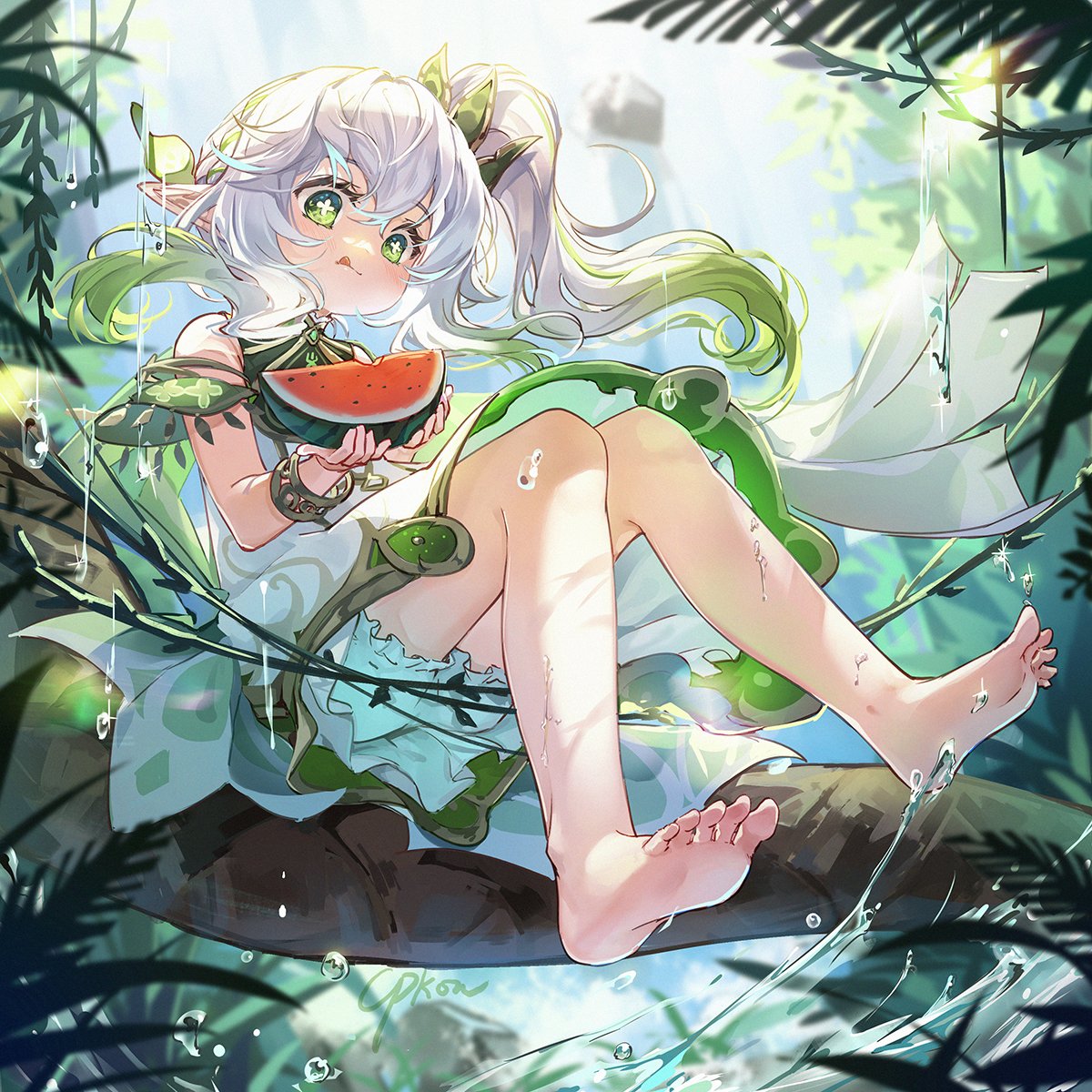 1girl bangs barefoot bloomers bracelet cape cat_princess cross-shaped_pupils detached_sleeves dress female_child food fruit genshin_impact gradient_hair green_cape green_eyes green_hair hair_ornament highres in_tree jewelry leaf_hair_ornament long_hair multicolored_hair nahida_(genshin_impact) pointy_ears side_ponytail sitting sitting_in_tree solo tree underwear water watermelon white_bloomers white_dress white_hair