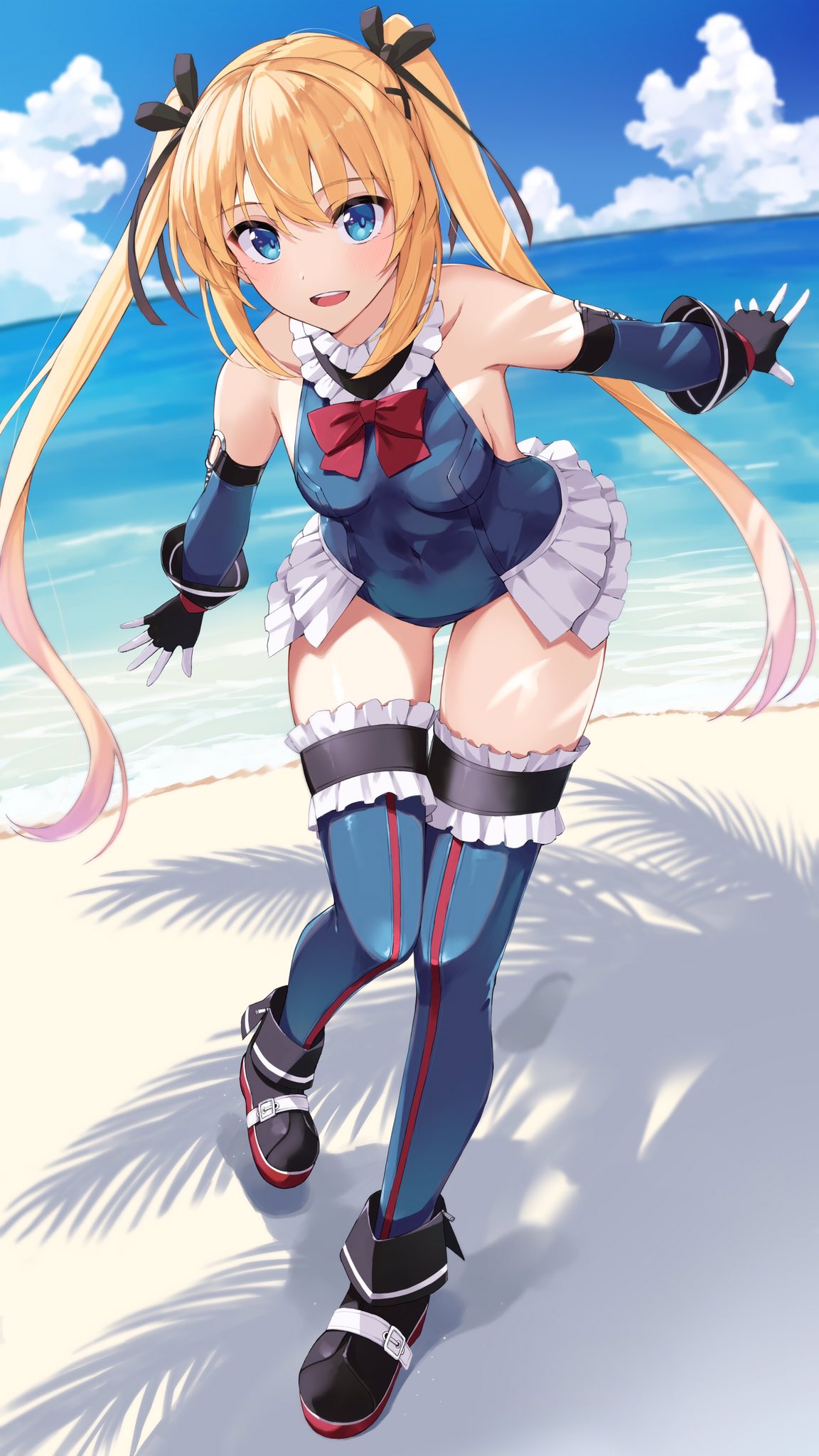 1girl artist_request beach black_ribbon blonde_hair blue_eyes blue_swimsuit dead_or_alive elbow_gloves gloves hair_ribbon highres long_hair looking_at_viewer marie_rose ribbon sand shade solo summer swimsuit twintails