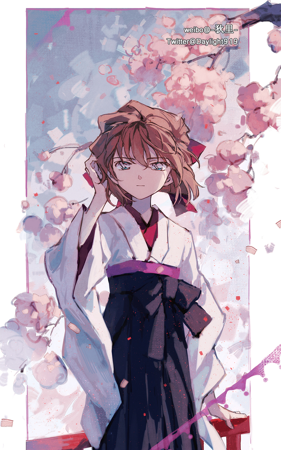 1girl artist_name bangs blue_eyes brown_hair cherry_blossoms closed_mouth daylight919 flower haibara_ai hair_between_eyes highres japanese_clothes kimono looking_at_viewer meitantei_conan petals pink_flower short_hair solo standing twitter_username white_kimono
