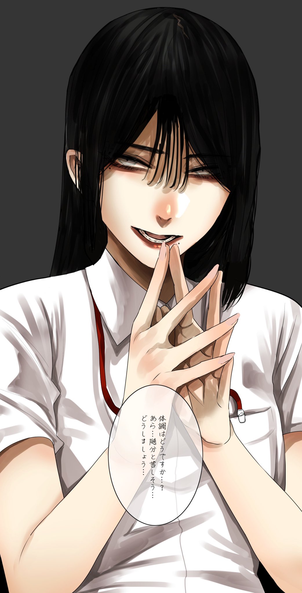 1girl :d black_hair collared_dress dress grey_background grey_eyes hair_between_eyes hands_up highres hoshi_san_3 long_hair looking_at_viewer nurse open_mouth original own_hands_together simple_background smile solo steepled_fingers translation_request white_dress wing_collar yamifuka-san_(hoshi_san_3)