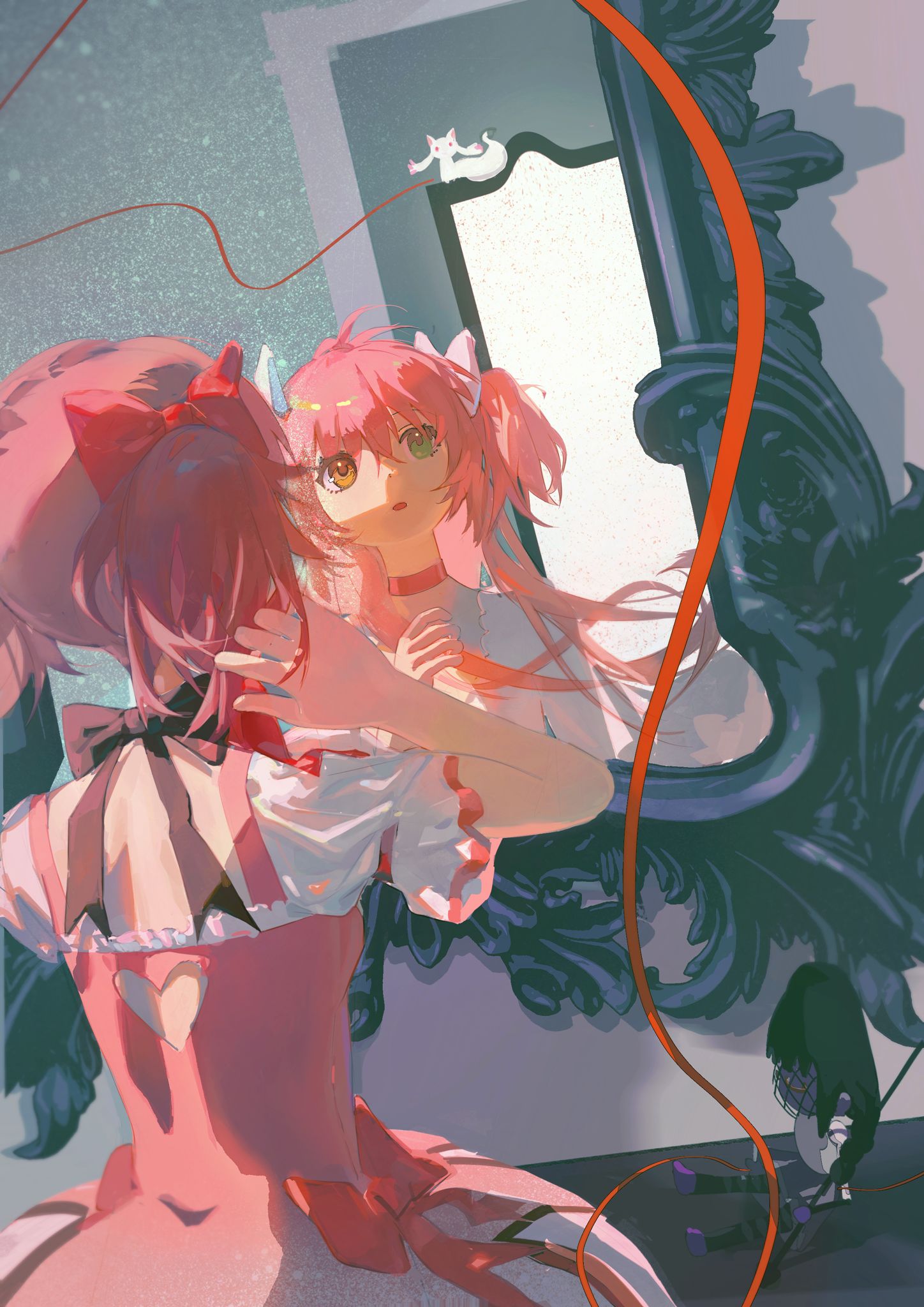 1girl 1other ainimo5 akemi_homura bow breasts choker clothing_cutout doorway dress frilled_sleeves frills hair_between_eyes hair_bow hand_in_own_hair heart_cutout highres kaname_madoka kyubey magical_girl mahou_shoujo_madoka_magica medium_hair mirror parted_lips pink_bow pink_dress pink_eyes pink_hair red_ribbon reflection ribbon short_sleeves short_twintails small_breasts stuffed_toy twintails upper_body