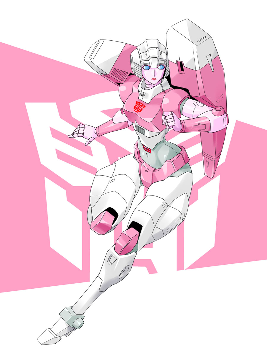 1girl alien arcee artist_request blue_eyes breasts curvy highres humanoid_robot mecha_musume medium_breasts panties pink_panties red_lips robot solo thick_thighs thighs transformers underwear