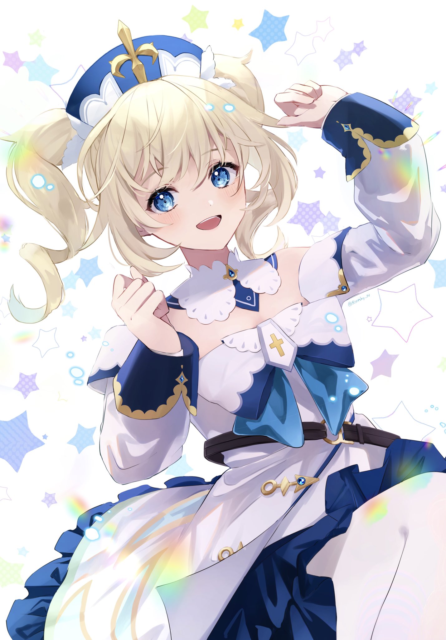 1girl bangs barbara_(genshin_impact) blonde_hair blue_bow blue_eyes bow commentary cross detached_sleeves dress dress_bow drill_hair frilled_dress frills genshin_impact hair_between_eyes hat highres latin_cross long_hair mini_hat pantyhose rireshy_n solo swept_bangs twin_drills twintails white_dress white_pantyhose white_sleeves