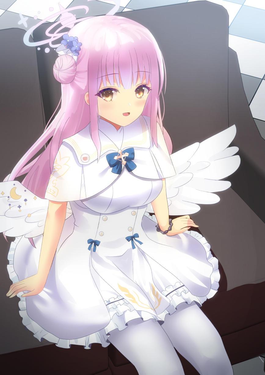 1girl :d bangs blue_archive blue_bow blue_flower bow breasts brown_eyes capelet checkered_floor commentary_request couch dress feathered_wings feet_out_of_frame flower frilled_dress frills hair_bun hair_flower hair_ornament halo highres long_hair looking_at_viewer low_wings medium_breasts mika_(blue_archive) neu_(frameice) on_couch pantyhose pink_hair single_side_bun smile solo very_long_hair white_capelet white_dress white_pantyhose white_wings wings