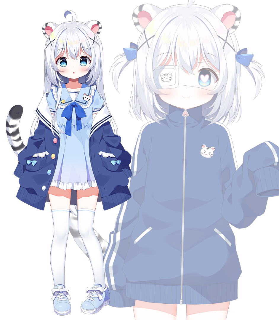 1girl :o ahoge animal_ears artist_name bangs blue_bow blue_dress blue_eyes blue_footwear blue_jacket blue_sailor_collar bow character_request closed_mouth commentary_request dress eyepatch frilled_sailor_collar frills hair_between_eyes hair_bow hair_ornament indie_virtual_youtuber jacket korean_commentary long_hair long_sleeves mauve multiple_views off_shoulder open_clothes open_jacket parted_lips sailor_collar sailor_dress shoes simple_background sleeves_past_fingers sleeves_past_wrists smile tail thigh-highs tiger_ears tiger_girl tiger_tail track_jacket twitter_username two_side_up very_long_hair virtual_youtuber white_background white_hair white_sailor_collar x_hair_ornament