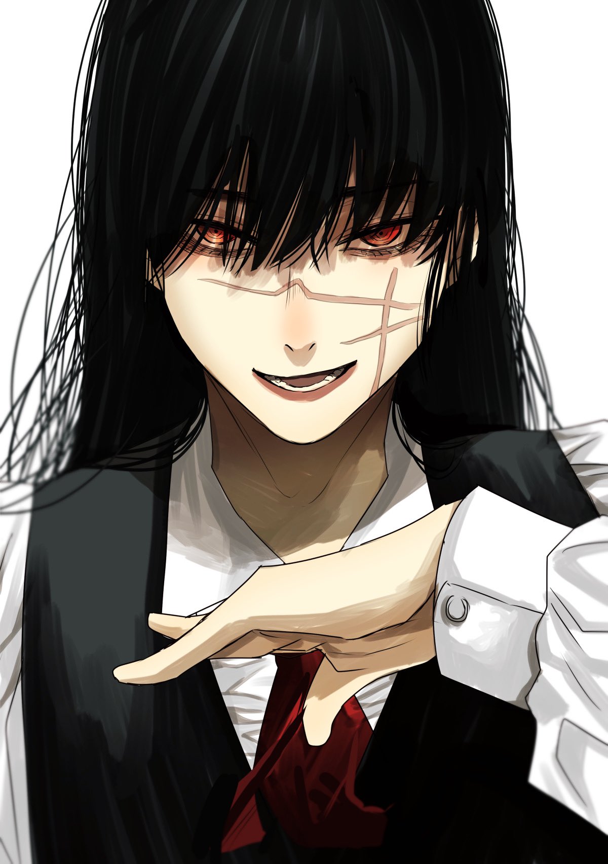 1girl :d ascot black_hair black_vest chainsaw_man hand_on_own_chest highres hoshi_san_3 long_hair long_sleeves looking_at_viewer mitaka_asa open_mouth red_ascot red_eyes scar scar_on_cheek scar_on_face shirt simple_background smile solo vest war_devil_(chainsaw_man) white_background white_shirt