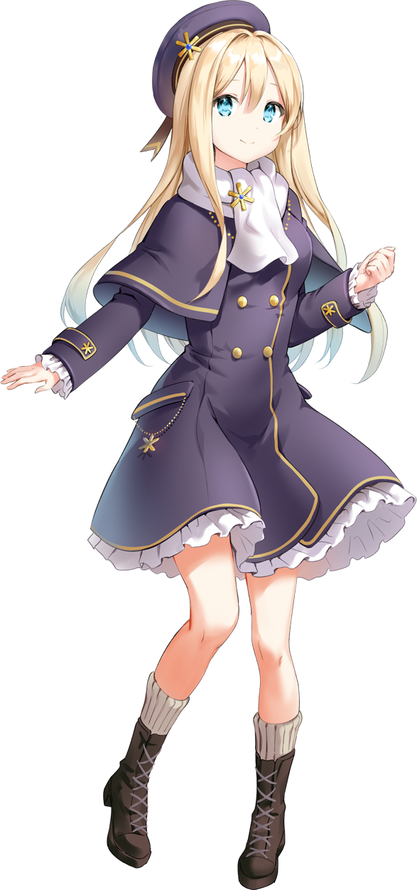 1girl artwhirl_mahou_gakuen_no_otome-tachi bangs blonde_hair blue_eyes capelet closed_mouth dress full_body grey_capelet grey_dress grey_headwear hair_between_eyes hair_intakes highres long_hair long_sleeves purple_headwear scarf shiny shiny_hair smile solo sophie_(artwhirl) standing straight_hair tachi-e transparent_background very_long_hair white_scarf
