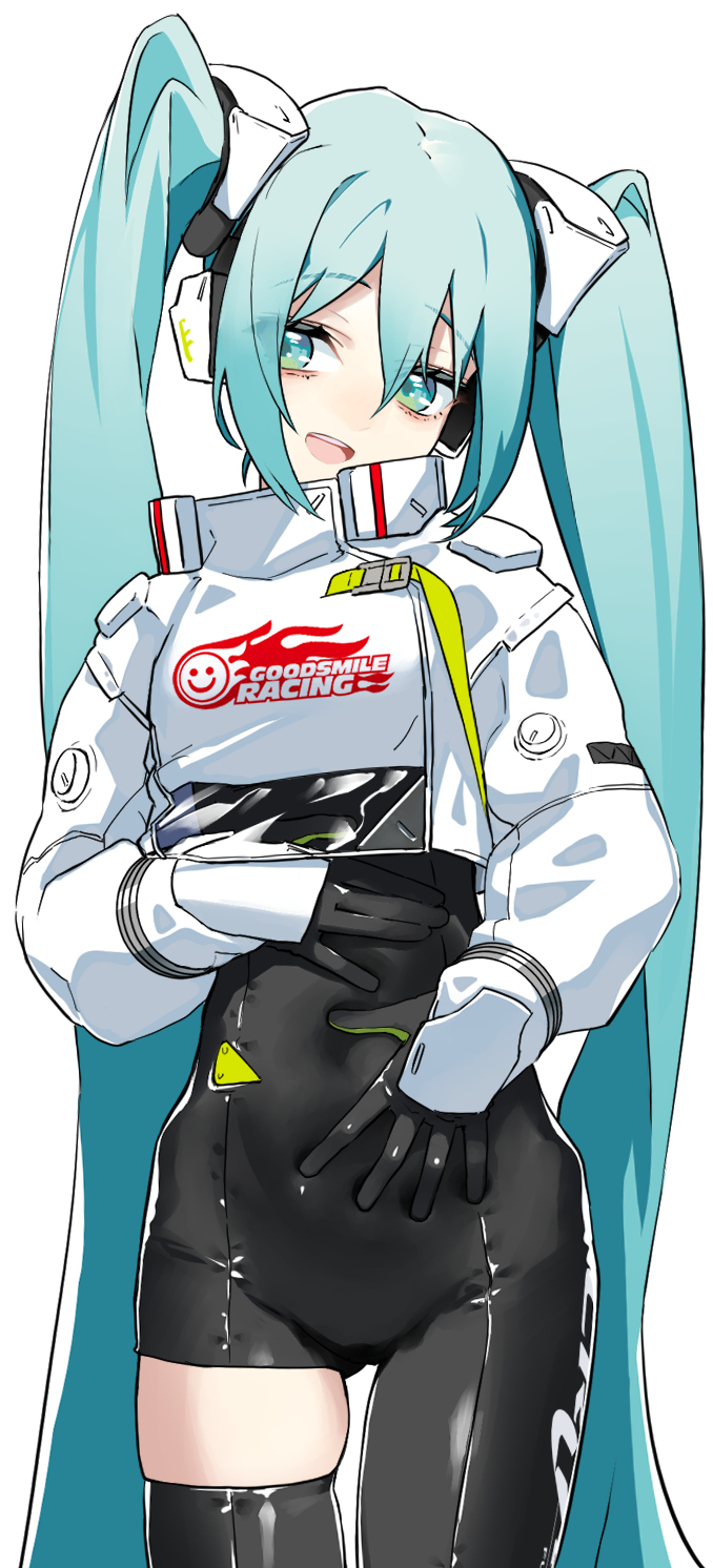 1girl aqua_eyes aqua_hair black_gloves closed_navel cropped_jacket gloves goodsmile_racing hand_on_own_stomach hatsune_miku headgear headphones highres jacket logo long_hair open_mouth racequeen racing_miku racing_miku_(2022) rsk_(tbhono) single_thighhigh solo thigh-highs twintails very_long_hair vocaloid white_jacket