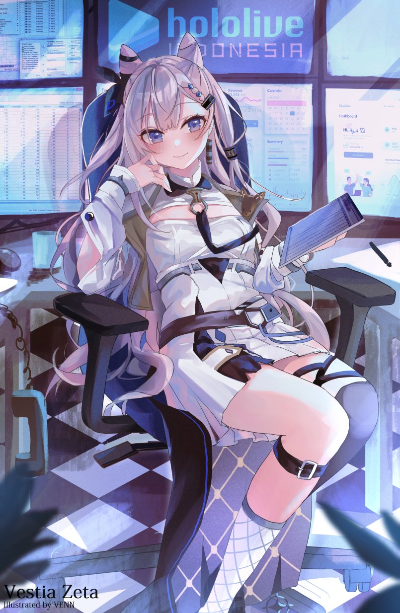 1girl artist_name asymmetrical_legwear belt black_belt black_thighhighs blue_eyes blush breasts center_opening chair character_name checkered_floor closed_mouth commentary cone_hair_bun copyright_name cropped_jacket cup earrings english_commentary feet_out_of_frame grey_hair hair_bun hair_ornament_removed highres holding holding_tablet_pc hololive hololive_indonesia jacket jewelry logo long_hair looking_at_viewer miniskirt mismatched_legwear monitor multiple_monitors office_chair open_clothes open_jacket phone shirt single_earring single_thighhigh sitting skirt small_breasts smile socks solo tablet_pc thigh-highs thigh_strap two_side_up venn_(vebonbon) vestia_zeta virtual_youtuber white_jacket white_shirt white_skirt white_socks