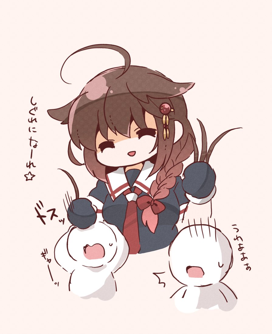 1girl 2others ahoge black_gloves black_serafuku bloom2425 braid brown_hair closed_eyes commentary_request gloves grabbing_another's_hair hair_flaps hair_ornament hair_over_shoulder kantai_collection long_hair multiple_others neckerchief red_neckerchief school_uniform serafuku shigure_(kancolle) shigure_kai_ni_(kancolle) single_braid translated upper_body