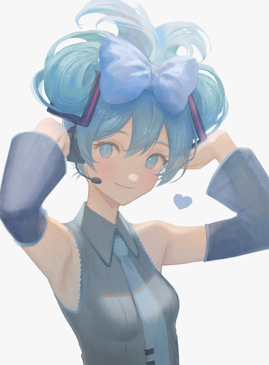 1girl aqua_eyes aqua_hair aqua_necktie bangs blue_bow blush bow breasts cinnamiku closed_mouth commentary_request detached_sleeves fujie-yz grey_background grey_shirt hair_between_eyes hair_bow hair_ornament hatsune_miku headphones headset heart highres looking_at_viewer necktie shirt simple_background sleeveless sleeveless_shirt small_breasts solo updo upper_body vocaloid
