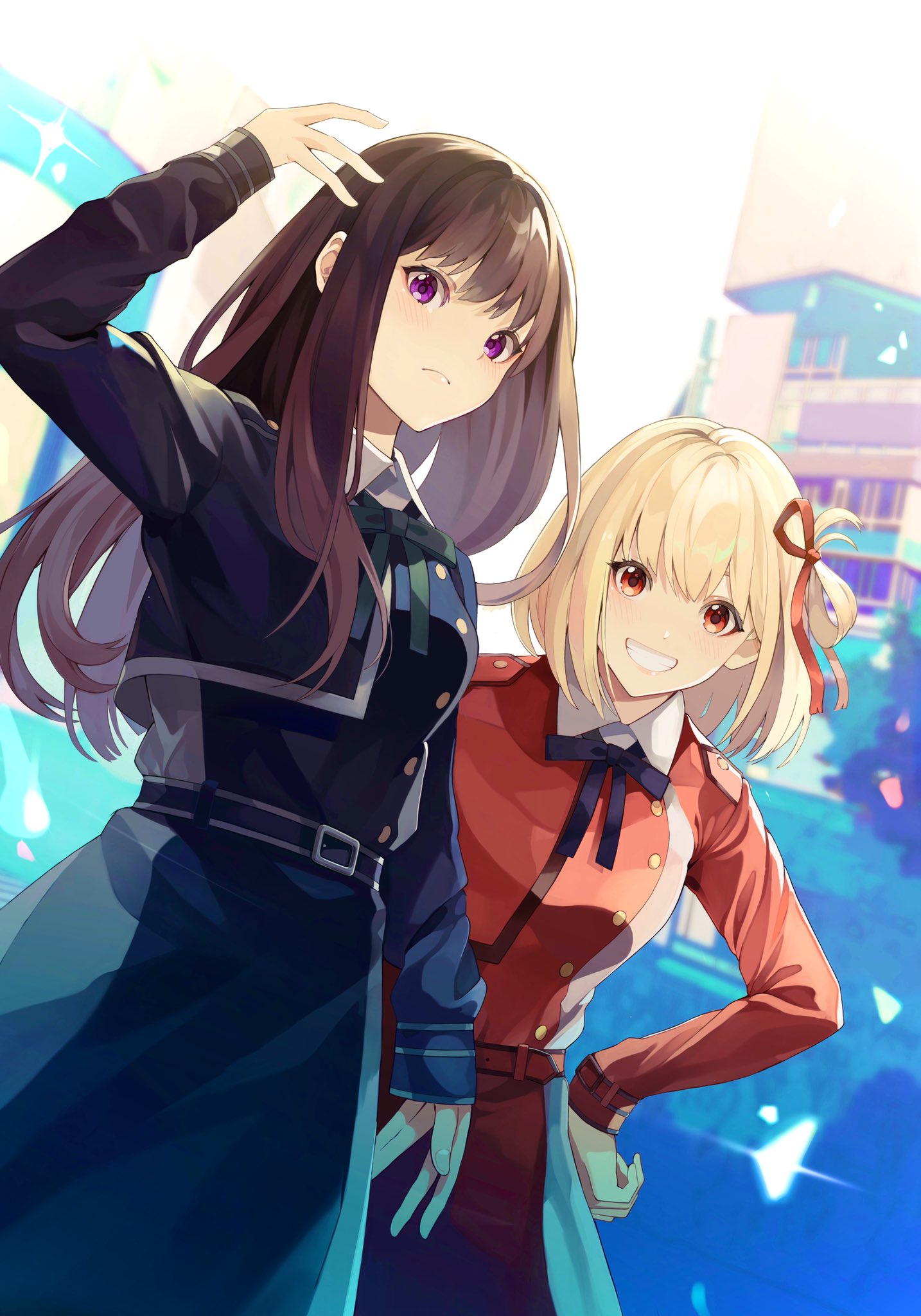 2girls arm_up bangs belt belt_buckle black_ribbon blonde_hair bloom blue_belt blue_dress blush brown_hair buckle building buttons closed_mouth collared_shirt commentary_request day dress eyelashes frown green_ribbon grey_dress grin hair_ornament hair_ribbon hands_on_hips highres honwakaniwatori inoue_takina leaning_forward long_hair long_sleeves looking_at_viewer lycoris_recoil lycoris_uniform multicolored_clothes multicolored_dress multiple_girls neck_ribbon nishikigi_chisato outdoors pleated_dress red_belt red_dress red_eyes red_ribbon ribbon shirt short_hair sidelocks smile standing sunlight teeth tree two-tone_dress violet_eyes white_shirt wing_collar