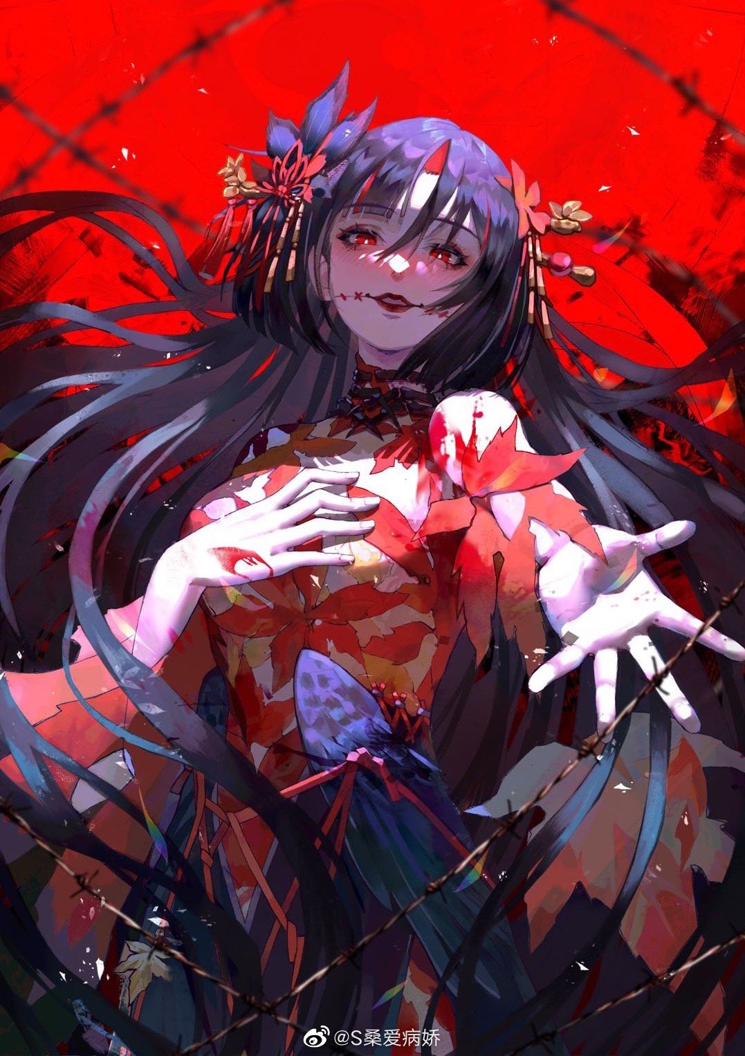 1girl bangs blunt_bangs blush hair_ornament hand_on_own_chest highres hime_cut kijo_momiji kokorogari_kijo_momiji leaf leaf_hair_ornament lens_flare long_hair looking_at_viewer maple_leaf onmyoji outstretched_hand pov pov_hands reaching_out red_eyes solo ssang721 stitched_mouth stitches straight_hair torogao