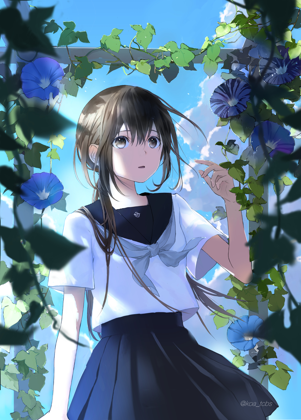 1girl arbor bangs brown_eyes brown_hair day flower highres koa_tcbs long_hair looking_up morning_glory neckerchief open_mouth original outdoors pleated_skirt ponytail school_uniform serafuku skirt sky solo very_long_hair wind