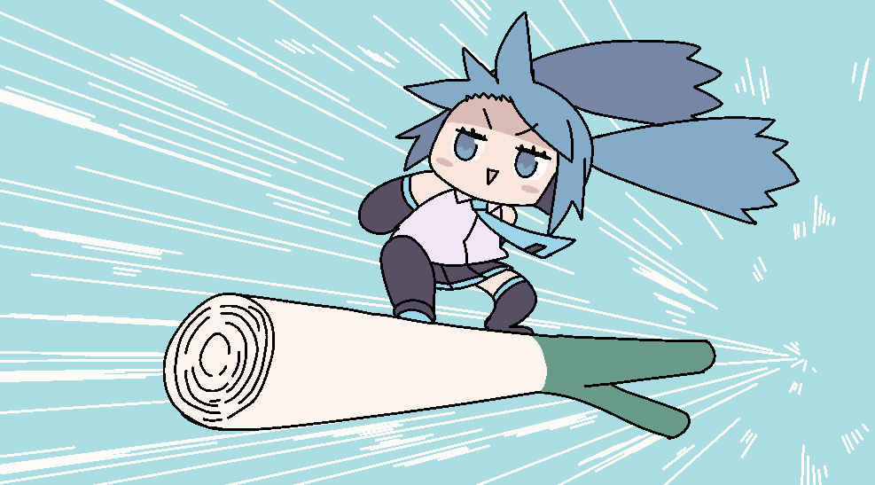 1girl blue_eyes blue_hair chibi detached_sleeves doyagao dragon_ball dragon_ball_z hatsune_miku icon_315 necktie parody simple_background sky_surfing smug solo spring_onion thigh-highs triangle_mouth twintails vocaloid