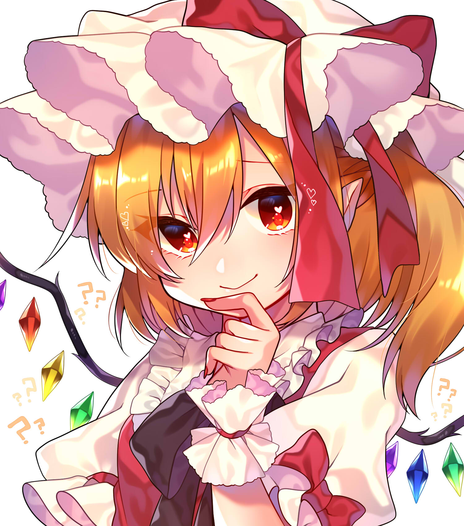 1girl ? ?? bangs black_ribbon closed_mouth commentary crystal finger_to_mouth flandre_scarlet hair_between_eyes hat hat_ribbon heart heart_in_eye highres looking_at_viewer medium_hair mob_cap neck_ribbon orange_hair pointy_ears puffy_short_sleeves puffy_sleeves raised_eyebrow red_eyes red_nails red_ribbon red_shirt renka_(sutegoma25) ribbon shirt short_sleeves simple_background smile solo symbol_in_eye touhou upper_body white_background white_headwear white_shirt wings wrist_cuffs
