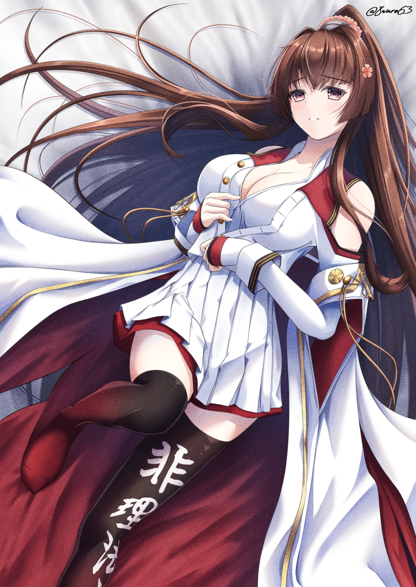 1girl asymmetrical_legwear boots breasts brown_eyes brown_hair cherry_blossoms coat coat_on_shoulders collar hachiware_(8ware63) hair_intakes hair_ornament headgear highres kantai_collection large_breasts legs long_hair lying metal_collar on_bed open_clothes pleated_skirt ponytail radar revision sakuramon sidelocks single_thigh_boot skirt sleeveless_coat solo thigh_boots twitter_username white_coat white_skirt yamato_(kancolle) yamato_kai_ni_(kancolle)