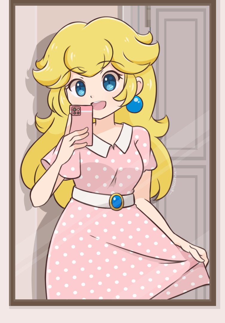 1girl alternate_costume artist_name blue_eyes border casual chocomiru commentary crown crown_removed drawer dress earrings english_commentary jewelry mirror outside_border phone pink_dress polka_dot polka_dot_background polka_dot_dress princess_peach short_sleeves smile solo standing super_mario_bros. white_border