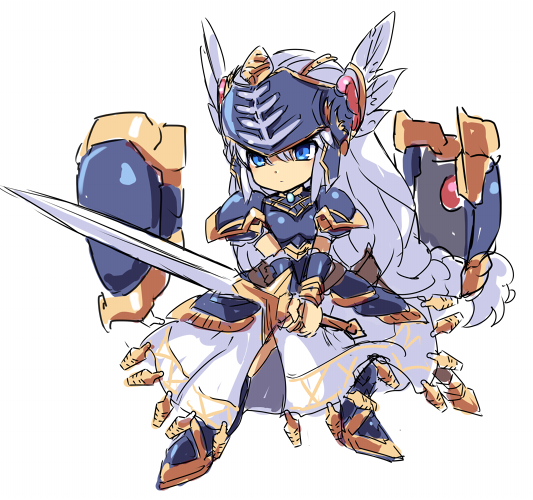 1girl armor armored_dress blue_armor blue_eyes blue_hair braid chibi closed_mouth feathers full_body helmet holding karukan_(monjya) lenneth_valkyrie long_hair shoulder_armor simple_background solo sword valkyrie valkyrie_profile very_long_hair weapon white_background winged_helmet