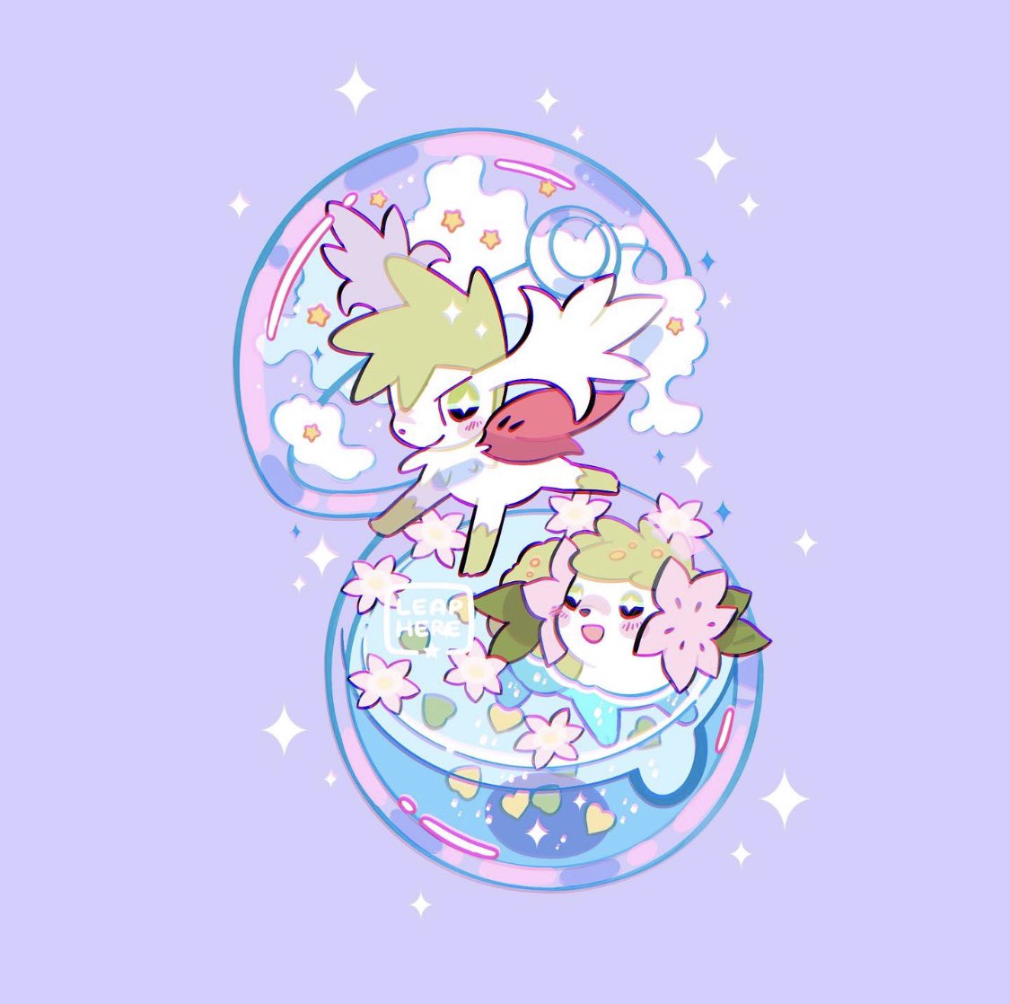 +_+ :d artist_name blush_stickers capsule closed_mouth commentary flower leaphere no_humans open_mouth pink_flower pokemon pokemon_(creature) purple_background shaymin shaymin_(land) shaymin_(sky) smile sparkle water watermark