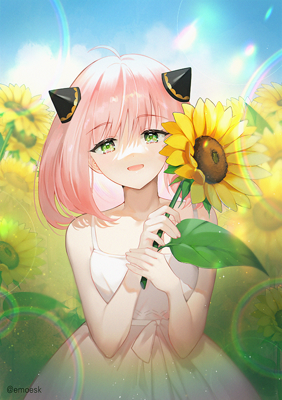 1girl :d ahoge anya_(spy_x_family) bangs collarbone cone_hair_bun day dress emoesk field flower flower_field green_eyes hair_between_eyes hair_bun long_hair looking_at_viewer open_mouth outdoors pink_hair shiny shiny_hair sleeveless sleeveless_dress smile solo spy_x_family standing sundress sunflower twitter_username white_dress yellow_flower