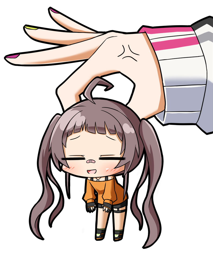 2girls ahoge anger_vein bandaid bandaid_on_face bandaid_on_nose brown_hair chibi closed_eyes hololive jewelry komora_(huran0729) long_hair multiple_girls natsuiro_matsuri necklace open_mouth purple_nails sleeves_past_wrists smile tokoyami_towa twintails virtual_youtuber yellow_nails