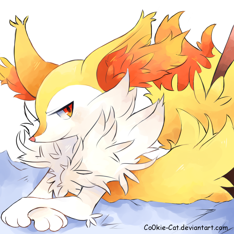 1girl animal_ear_fluff animal_ears animal_hands animal_nose artist_name bed_sheet blush body_fur braixen breasts closed_mouth co0kie-cat commentary deviantart_username english_commentary fluffy fox_ears fox_girl fox_tail from_side fur_collar furry furry_female half-closed_eyes light_blush looking_at_viewer lying on_stomach pokemon pokemon_(creature) red_eyes simple_background small_breasts snout solo stick tail watermark web_address white_background white_fur yellow_fur