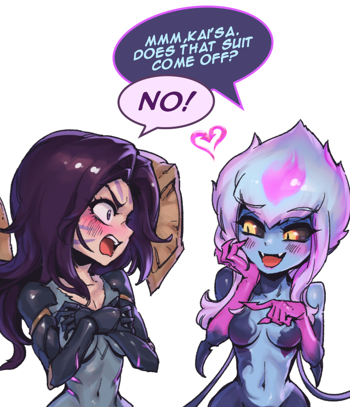 2girls :d bangs black_bodysuit black_sclera blush bodysuit colored_sclera detached_wings english_text evelynn_(league_of_legends) fangs grey_bodysuit hands_up heart kai'sa league_of_legends long_hair looking_at_another multiple_girls navel open_mouth orange_eyes parted_bangs phantom_ix_row pink_hair purple_hair shiny shiny_hair slit_pupils smile speech_bubble teeth tongue upper_teeth wings