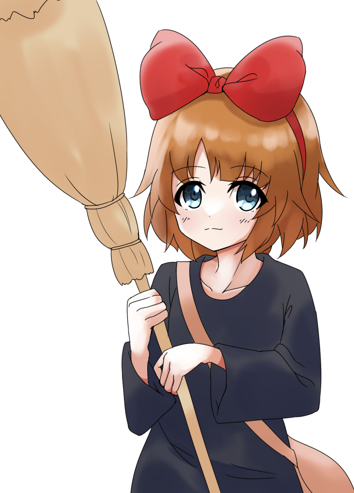 1girl amai_nekuta assault_lily bag bangs black_dress blue_eyes blunt_bangs bow bow_hairband broom brown_hair closed_mouth collarbone cosplay dress futagawa_fumi hair_bow hairband hands_up holding holding_broom kiki_(majo_no_takkyuubin) kiki_(majo_no_takkyuubin)_(cosplay) long_hair long_sleeves looking_at_viewer majo_no_takkyuubin red_bow red_hairband shoulder_bag simple_background smile solo standing upper_body white_background