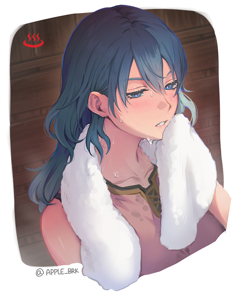 1girl apple_brk bangs blue_eyes blue_hair byleth_(fire_emblem) byleth_eisner_(female) clenched_teeth collarbone commentary_request cropped_torso fire_emblem fire_emblem:_three_houses from_above hair_between_eyes half-closed_eyes hand_up holding holding_towel korean_commentary looking_to_the_side medium_hair onsen portrait signature solo sweat teeth towel towel_around_neck twitter_username white_background wiping_face wiping_sweat
