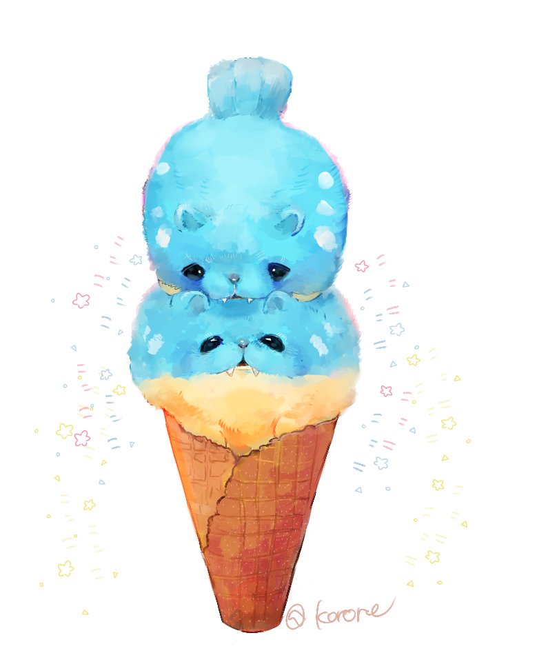 black_eyes commentary_request fangs fluffy ice_cream_cone looking_at_viewer no_humans on_head pokemon pokemon_(creature) pokemon_on_head signature spheal white_background xxmedakaxx