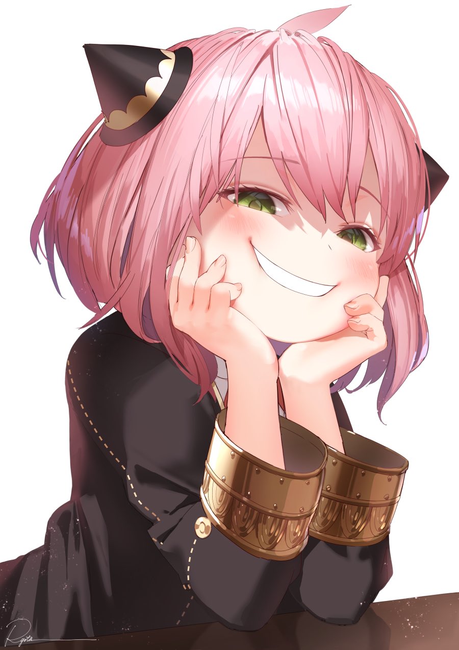 1girl ahoge anya_(spy_x_family) bangs black_dress blush child dress eden_academy_uniform elbow_on_table female_child green_eyes grin hair_ornament hairpods hands_on_own_cheeks hands_on_own_face highres long_sleeves looking_at_viewer pink_hair ryota_(ry_o_ta) school_uniform short_hair signature smile spy_x_family white_background