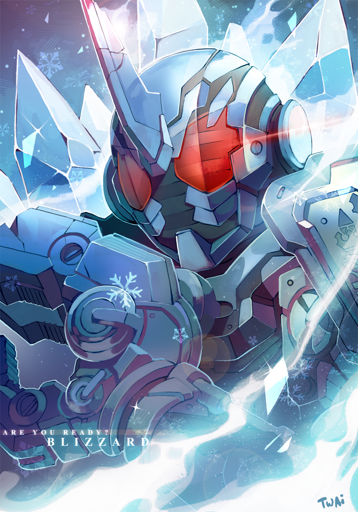 1boy armor artist_name blue_armor commentary english_text grease_blizzard helmet horns ice kamen_rider kamen_rider_build_(series) kamen_rider_grease male_focus mechanical_hands red_eyes signature single_horn single_mechanical_hand snowflakes snowing solo tokusatsu twai upper_body