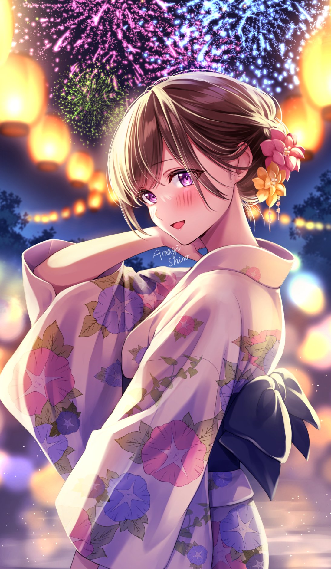 1girl amagi_shino bangs blurry blurry_background blush brown_hair festival fireworks flower hair_bun hair_flower hair_ornament hand_up highres japanese_clothes kimono lantern long_hair long_sleeves looking_at_viewer night obi open_mouth original outdoors pink_flower pink_kimono receptionist_girl_(amagi_shino) sash sky smile solo standing violet_eyes