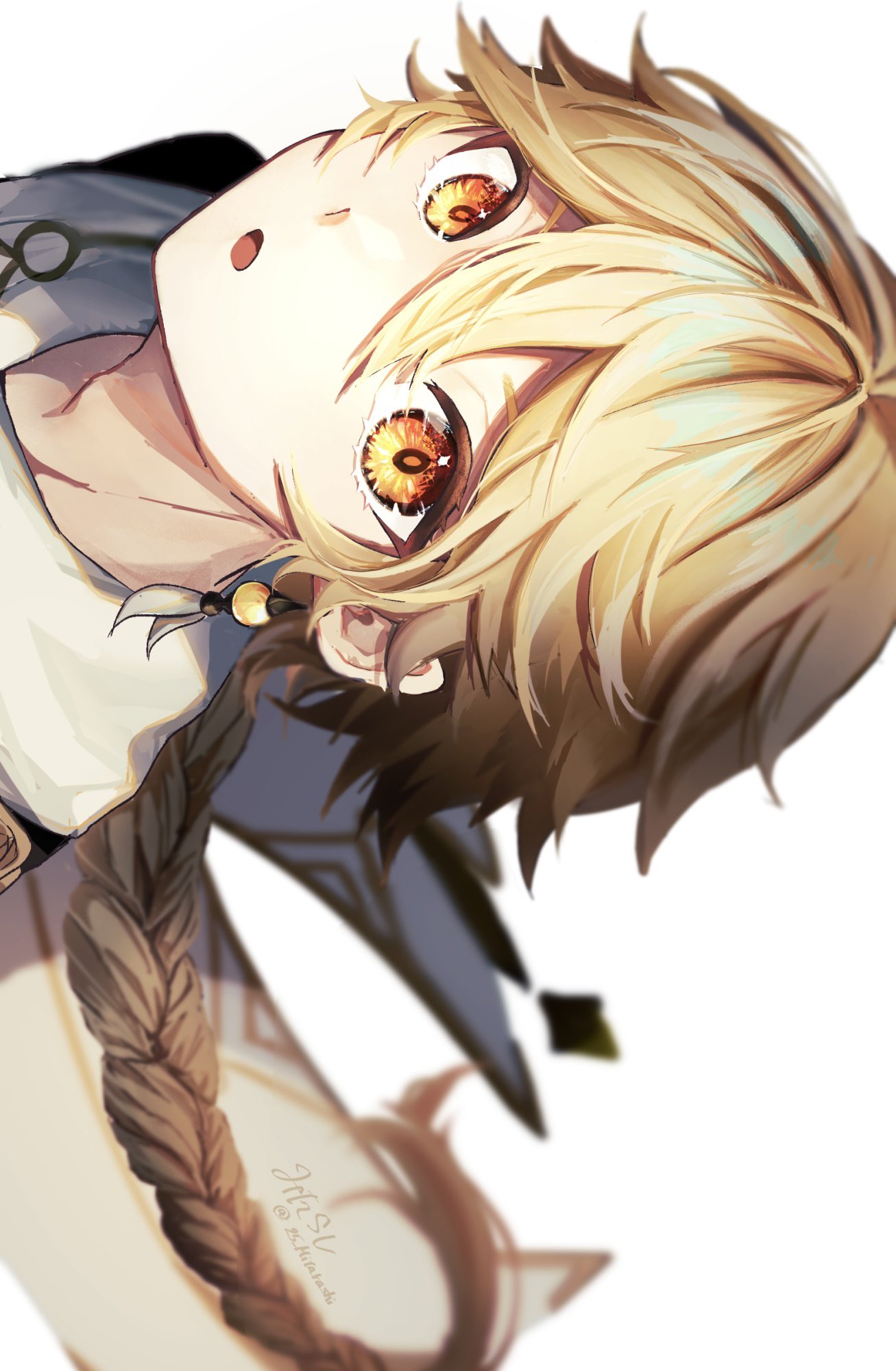 1boy :o aether_(genshin_impact) artist_name bangs blonde_hair blurry blush braid braided_ponytail cape commentary depth_of_field earrings eyelashes floating_hair genshin_impact hair_between_eyes highres jewelry long_hair looking_at_viewer male_focus mitarashi_(25_mitarashi) open_mouth orange_eyes scarf sidelocks sideways signature single_braid single_earring solo twitter_username upper_body very_long_hair white_background white_cape white_scarf